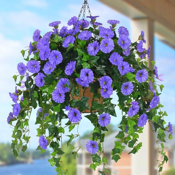 1-Pack Blue Artificial Flowers Hanging Basket Plants Porch Patio Summer Decor